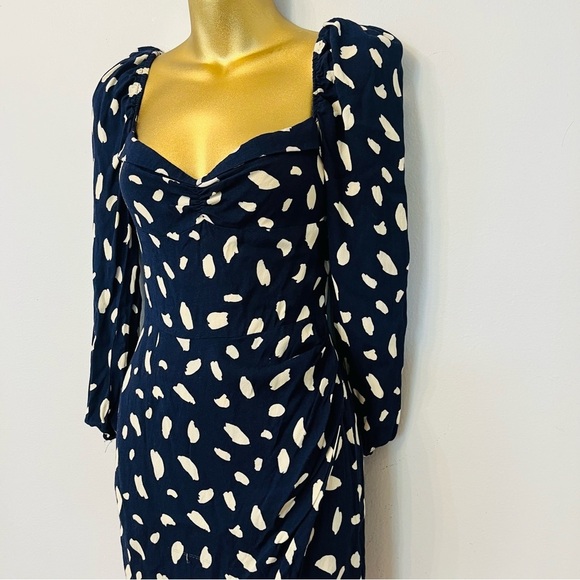 Reformation Navy White Print Mini Dress Long Sleeve Sweetheart Neck Size 4 - Picture 5 of 9